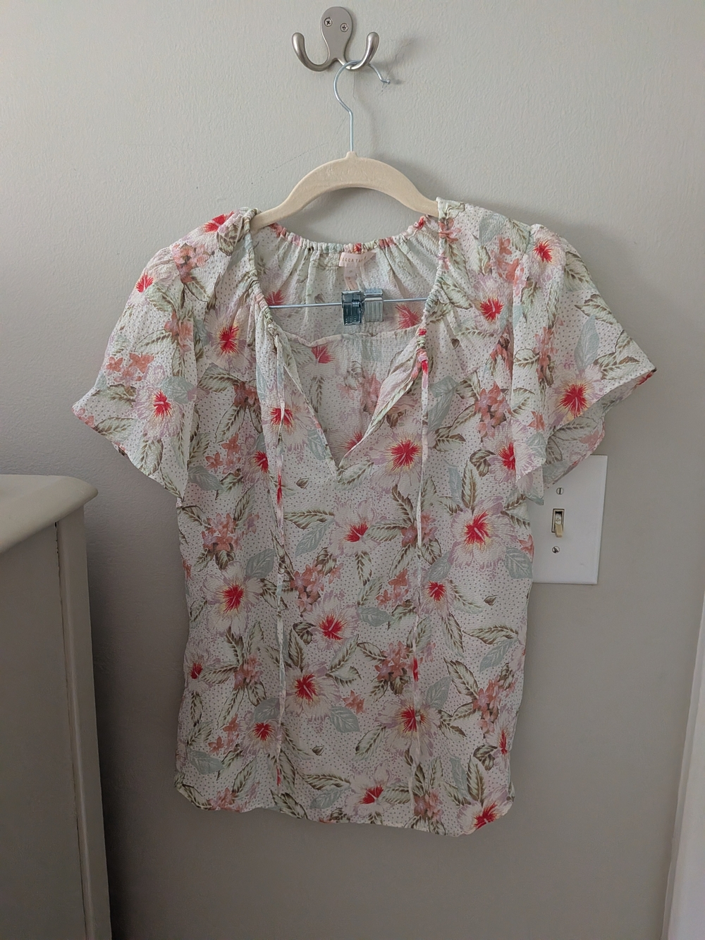 Rebecca Taylor Silk Stretch Floral Tie Neck Blouse Top Size 0 Cream Pink